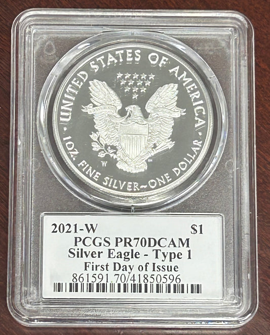 2021-W PCGS Silver Eagle PR70 DCAM Type-1 First Day of Issue Signed by Thomas Cleveland