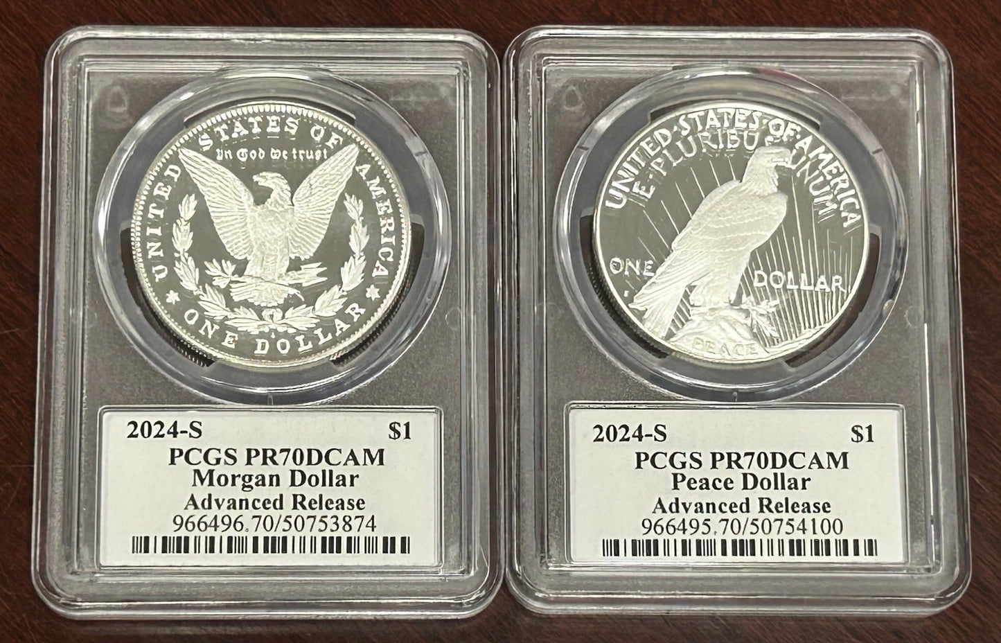 2024-S PCGS Morgan and Peace Silver Dollar PR70 DCAM Advanced Release Signed by Emily Damstra