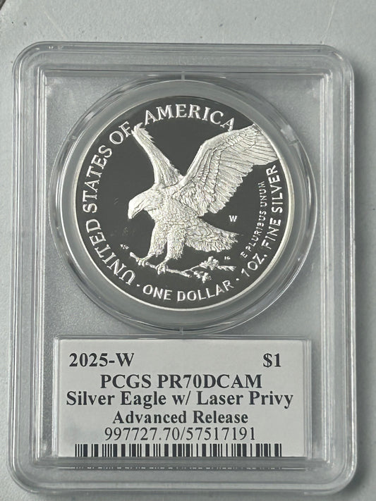 2025-W PCGS Silver Eagle PR70 DCAM Laser Privy Advanced Release Signed by Emily Damstra