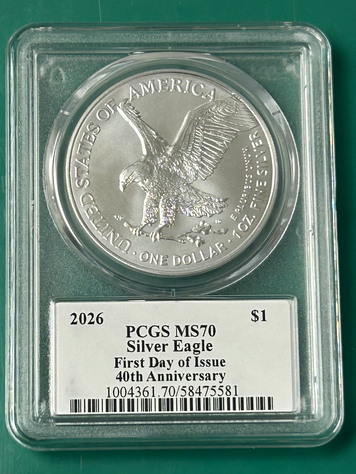 2026 PCGS Silver Eagle MS 70 First Day of Issue 40th Anniversary Signed by Emily Damstra