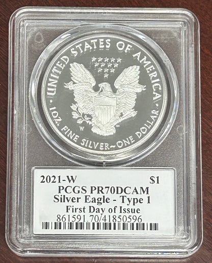 2021-W PCGS Silver Eagle PR70 DCAM Type-1 First Day of Issue Signed by Thomas Cleveland