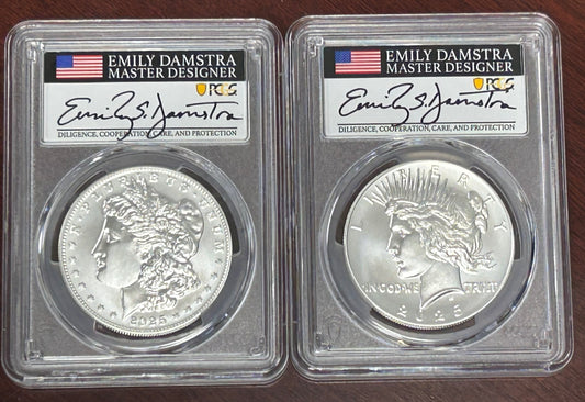 2024-S PCGS Morgan and Peace Silver Dollar PR70 DCAM Advanced Release Signed by Emily Damstra