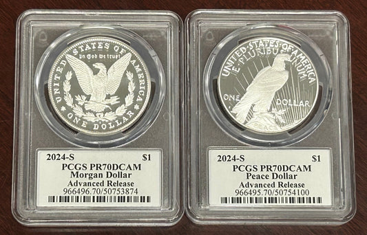 2024-S PCGS Morgan and Peace Silver Dollar PR70 DCAM Advanced Release Signed by Emily Damstra