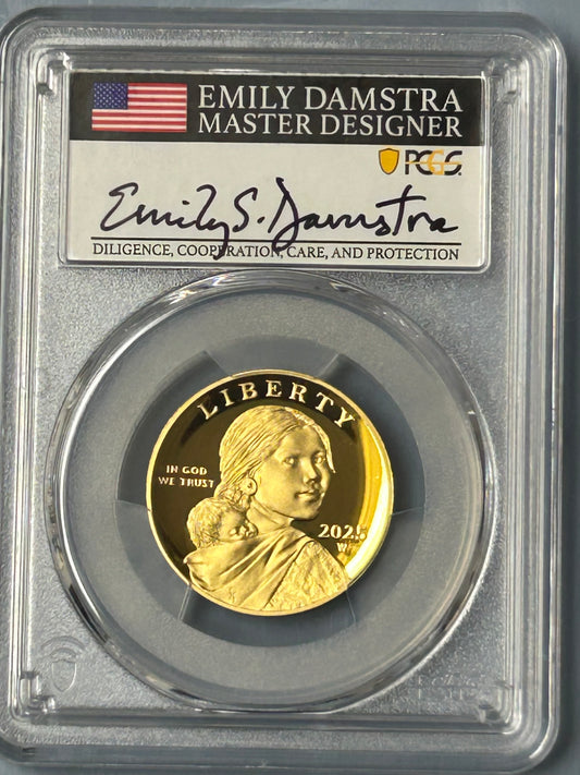 2025 25th Anniversary PCGS .9999 AU $1 Gold Sacajawea Signed by Emily Damstra