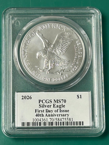 2026 PCGS Silver Eagle MS 70 First Day of Issue 40th Anniversary Signed by Emily Damstra