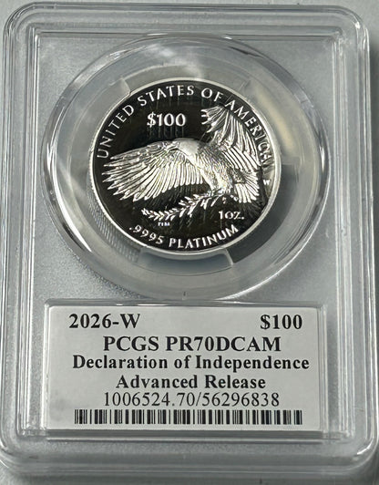 2026-W PCGS PR70 DCAM Dec. of Indep. $100 Advanced Release Signed by Emily Damstra