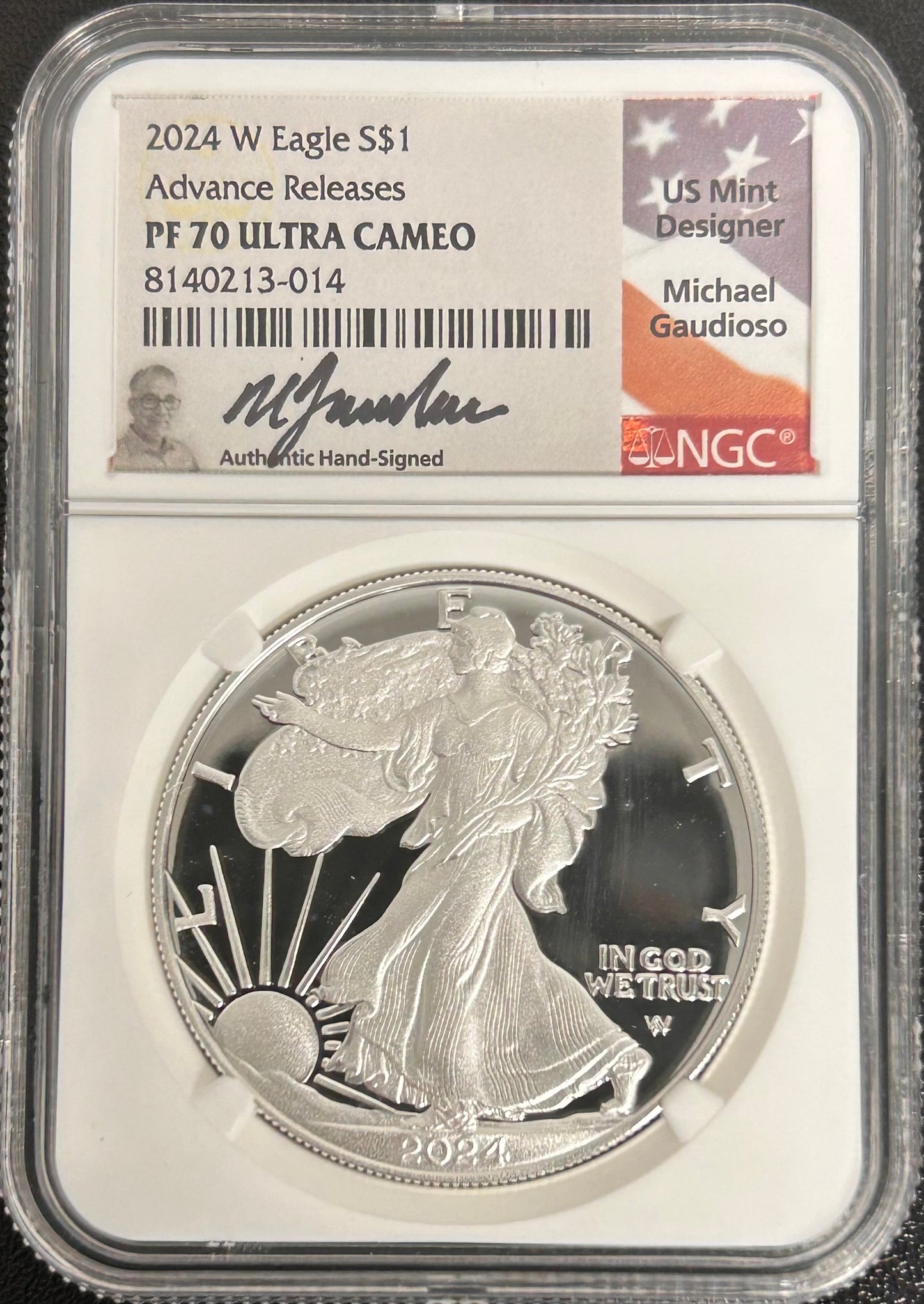 2024-W Silver Eagle Advanced Release PR70 Ultra Cameo Signed by Michael Gaudioso