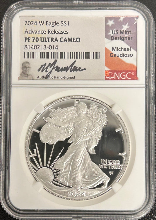 2024-W Silver Eagle Advanced Release PR70 Ultra Cameo Signed by Michael Gaudioso