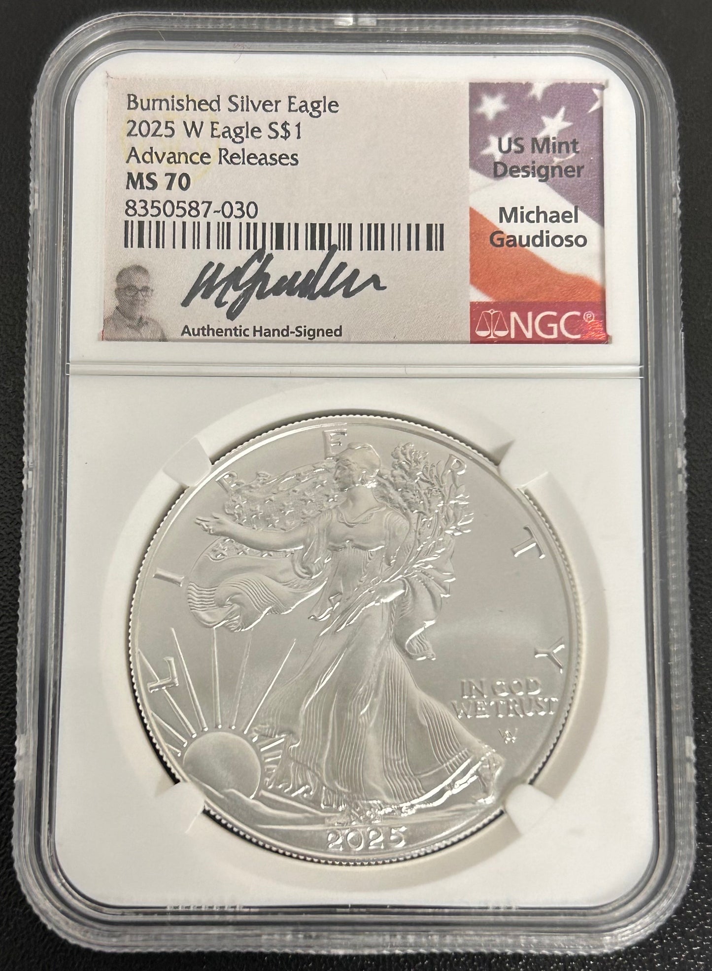 2025-W Silver Eagle Burnished MS70 Signed by Michael Gaudioso