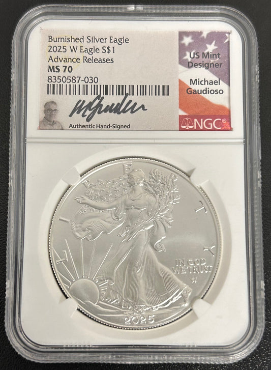 2025-W Silver Eagle Burnished MS70 Signed by Michael Gaudioso