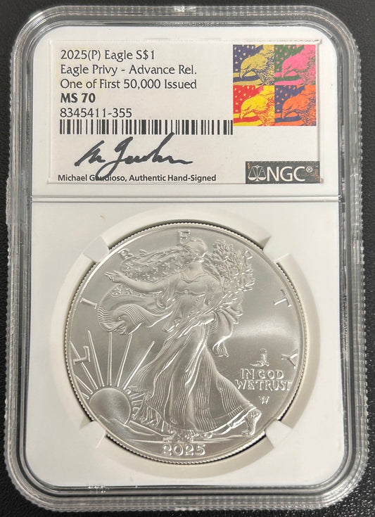 2025-P Silver Eagle W/Privy Mark MS70 1/50,000 release Signed by Michael Gaudioso