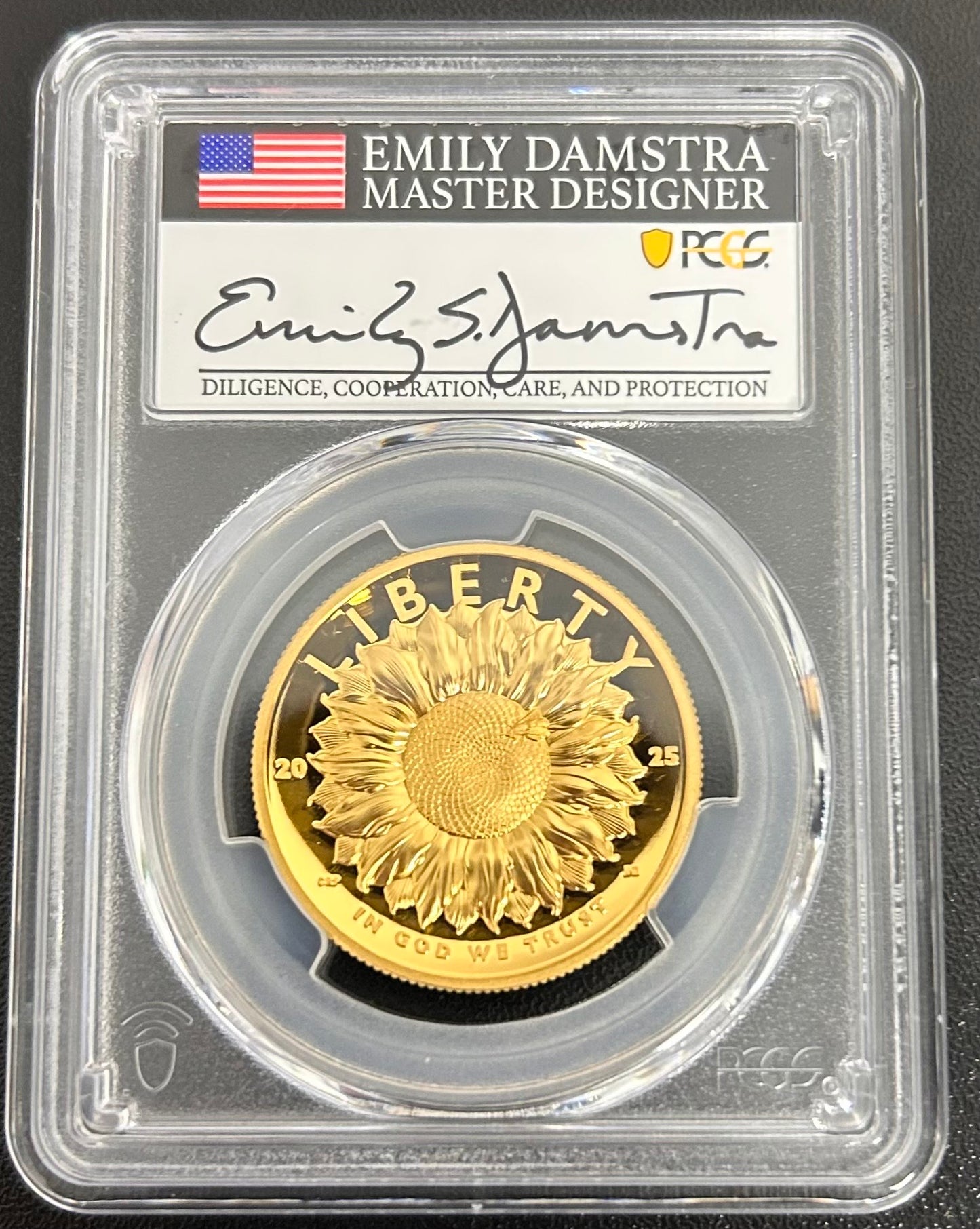 2025-W $100 American Liberty High Relief .9999 Gold Sunflower PR70 Advanced Release Signed by Emily Damstra