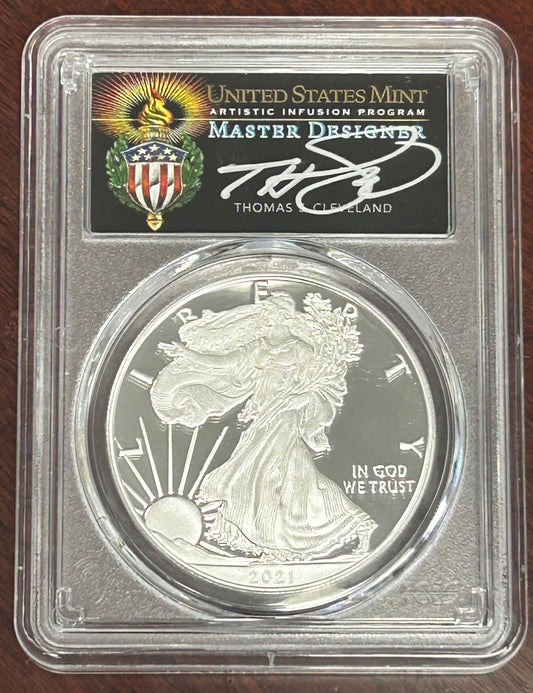 2021-W PCGS Silver Eagle PR70 DCAM Type-1 First Day of Issue Signed by Thomas Cleveland