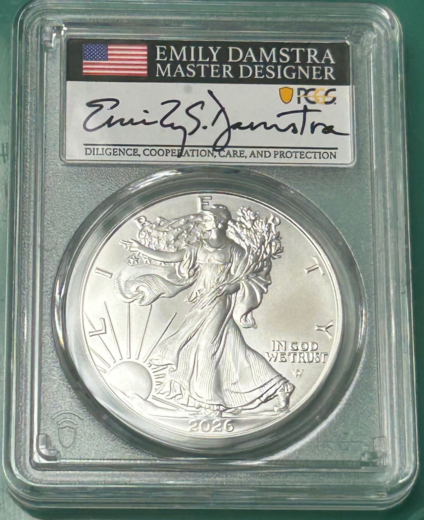 2026 PCGS Silver Eagle MS 70 First Day of Issue 40th Anniversary Signed by Emily Damstra