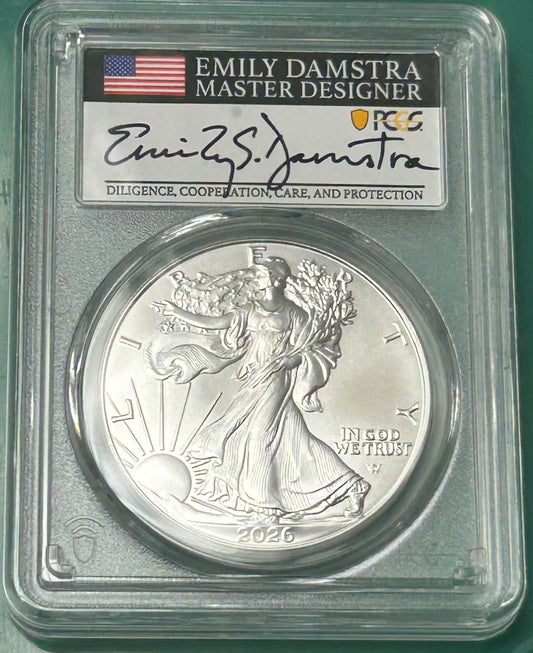 2025-W PCGS Silver Eagle PR70 DCAM Laser Privy Advanced Release Signed by Emily Damstra