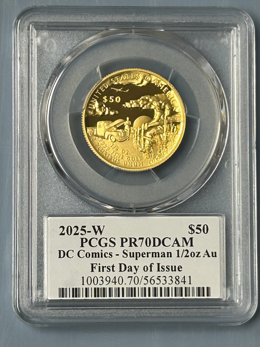2025-W PCGS PR 70 DCAM $50 DC Comics Superman 1/2oz AU First Day of Issue Signed by Emily Damstra